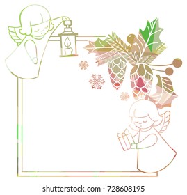 Christmas square sparkling frame with cute angels. Copy space. Christmas holiday background. Vector clip art.