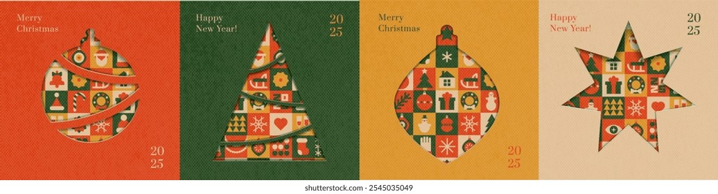 Christmas square tags set design with craft paper texture. Merry Christmas and happy new year greeting cards in paper cut style. Vintage muted color Vector illustration