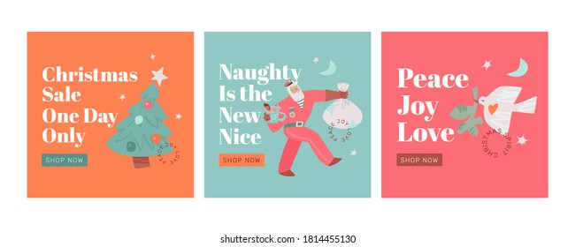 Christmas square templates set. Vector hand-drawn illustration concept. Santa Claus in sailor suit, Christmas tree, and dove with branch.