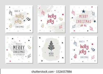 Christmas square winter holiday greeting cards set with ornaments.