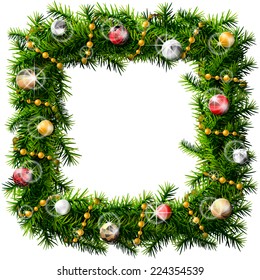 Christmas square wreath with decorative beads and balls. Decorated wreath of pine branches isolated on white. Vector image for new year's day, christmas, decoration, winter holiday, design, silvester