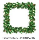 Christmas square wreath with glowing Christmas lights. Christmas tree decoration. Holiday fir tree garland. Festive winter season frame, spruce branches. Transparent background in vector file.