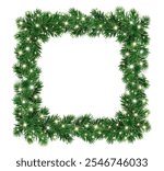 Christmas square wreath with glowing Christmas lights. Christmas tree decoration. Holiday fir tree garland. Festive winter season frame, spruce branches. Transparent background in vector file.