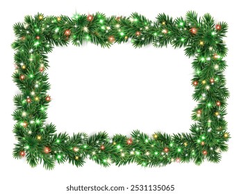 Christmas square wreath with glowing Christmas lights. Christmas tree decoration. Holiday fir tree garland. Festive winter season frame, spruce branches. Transparent background in vector file.