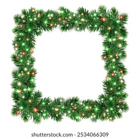 Christmas square wreath with glowing Christmas lights. Christmas tree decoration. Holiday fir tree garland. Festive winter season frame, spruce branches. Transparent background in vector file.