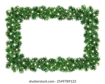 Christmas square wreath with glowing Christmas lights. Christmas tree decoration. Holiday fir tree garland. Festive winter season frame, spruce branches. Transparent background in vector file.