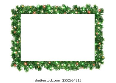 Christmas square wreath with glowing Christmas lights and space for text. Christmas tree decoration. Holiday fir tree garland. Festive winter season frame, spruce branches.