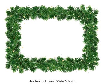 Christmas square wreath with golden confetti. Christmas tree decoration. Holiday fir tree garland. Festive winter season frame, spruce branches. Transparent background in vector file.