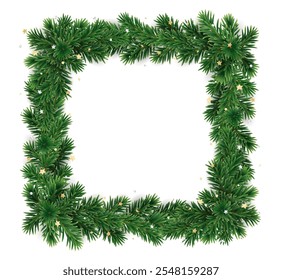 Christmas square wreath with golden confetti. Christmas tree decoration. Holiday fir tree garland. Festive winter season frame, spruce branches. Transparent background in vector file.