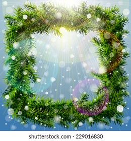 Christmas square wreath with overhead lighting and snowfall. Wreath of pine branches without decoration. Vector image for new year's day, christmas, decoration, winter holiday, design, silvester, etc 