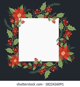 Christmas square wreath with Poinsettia and pine tree. Holiday frame.