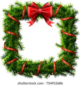 Christmas Square Wreath With Red Bow And Ribbon. Decorated Rectangle Frame Of Pine Branches Isolated On White