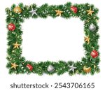 Christmas square wreath with red and gold glitter ornaments. Christmas tree decoration. Holiday fir tree garland. Festive winter season frame, spruce branches. Transparent background in vector file.