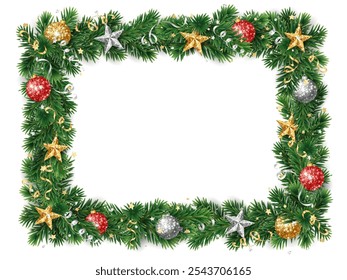 Christmas square wreath with red and gold glitter ornaments. Christmas tree decoration. Holiday fir tree garland. Festive winter season frame, spruce branches. Transparent background in vector file.