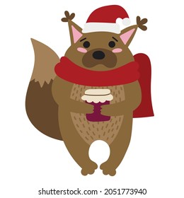 Christmas squirrel with a jar of jam for postcards