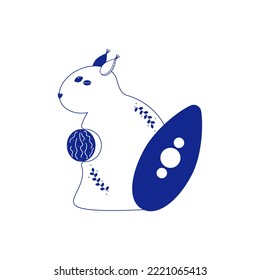 Christmas squirrel vector illustration. Blue porcelain. Hand drawing. Winter character.
