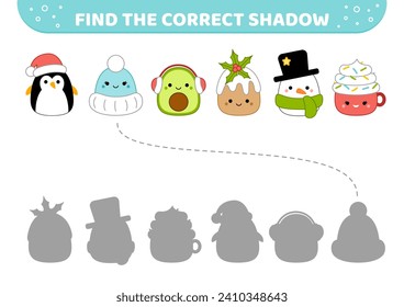 Christmas squishmallow characters. Find the correct shadow. Shadow matching game. Cartoon, kawaii. Isolated vector illustration eps 10