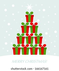 Christmas stack of presents in winter landscape. Tree shape