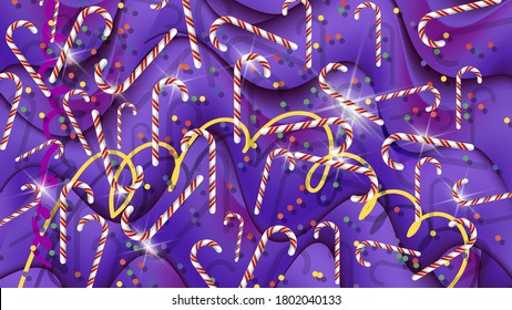 Christmas staffs, confetti, serpentine ribbons are randomly arranged against a background of overlapping purple abstract shapes with flowing edges. colorful wallpaper. vector
