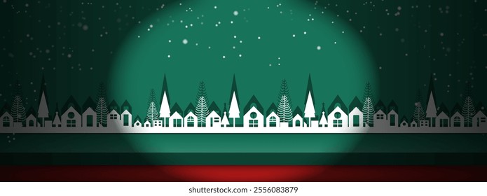 Christmas stage with spotlight, decorative white city and snow. Vector illustration.