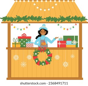 Christmas stall. Young  african american woman sells gifts at the kiosk. Christmas market. Festival stand. Vector illustration. 