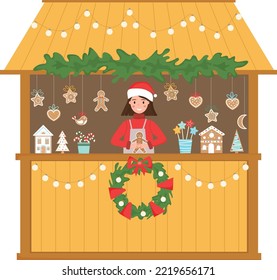 Christmas stall. Young woman sells sweets, cookies and bakery at the kiosk. Christmas market. Festival stand. Vector illustration. 