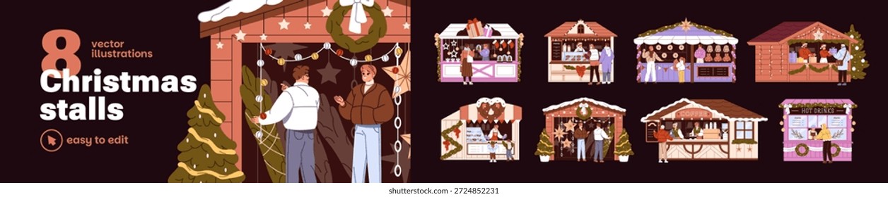 Puestos de Navidades. Diferentes chalets de la feria de Navidad. Varios quioscos y tiendas de la feria del año Nuevo. Panadería, Galería de tiro, tienda de regalos del mercado de vacaciones de invierno. Ilustración vectorial aislada plana