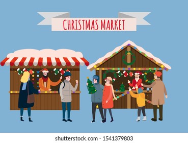 Christmas stalls with with souvenirs and gifts shop with garlands decorations. People buy christmas and new year decorations. Christmas fair wooden kiosks vector illustration isolated
