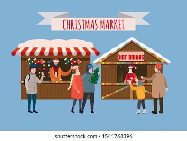 Christmas stalls with with souvenirs and hot drinks shop with garlands decorations. People buy christmas and new year decorations. Christmas fair wooden kiosks vector illustration isolated