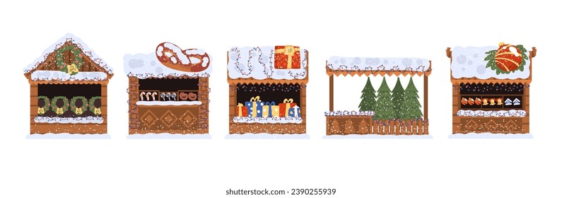 Christmas stalls. Wooden souvenirs kiosks for winter holiday fair new year, xmas bazaar with tree decoration, candy cane sweets light garland, vector illustration of market fair winter decoration