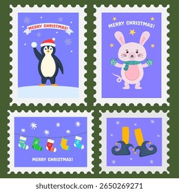 Christmas stamp illustration. Two turtle doves with wings in vintage style. Peaceful holiday message for second day of christmas. Classic border and retro graphic design element.