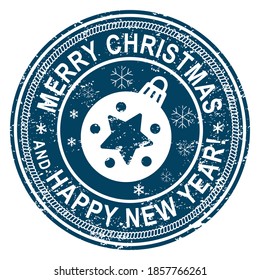 Christmas Stamp on white background. Grunge surface. Christmas ball in center cricle. Vector illustration.