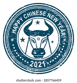 Christmas Stamp on white background. Grunge surface. Bull in center cricle. Vector illustration. Merry Christmas and Happy New Year inscription