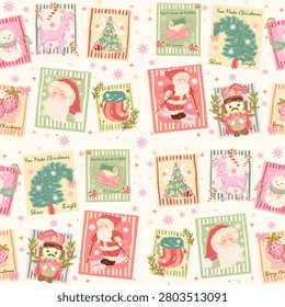 Christmas Stamp Pattern seamless background, wallpaper, Christmas mail to santa background, wrapping paper and Fabric 