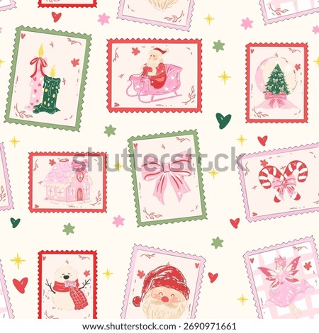 Christmas Stamp pattern seamless collection. X-mas winter holiday background, wallpaper, Christmas mail to santa background, wrapping paper and Fabric pattern, ornament seamless, Dear santa Letter