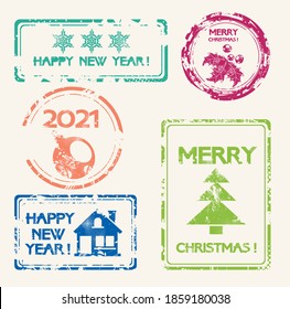 Christmas stamp set, NEW YEAR symbols, vector design.