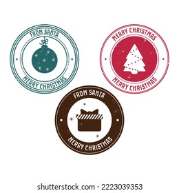 Christmas stamp set. Vector red, green and brown vintage stamps for decorating holiday letters for the new year, packaging or advertising.

