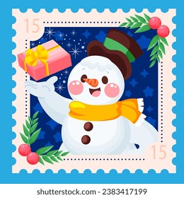 Christmas stamp with a snowman in a hat