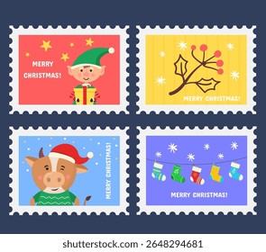 Christmas stamp vector. Peaceful dove illustration for second day of christmas. Vintage turtle doves in flat design. Classic holiday frame with feather ornament and love message.
