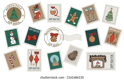 Christmas Stamps hand drawn set. Vector.	