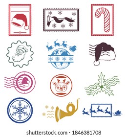 Christmas stamps with holiday elements vector set isolated on a white background.