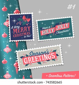 Christmas Stamps With Holiday Greetings And Pattern. Vector Illustration