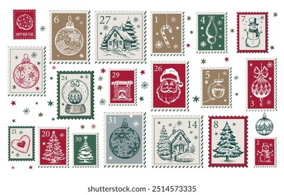 Christmas Stamps, mail, Advent calendar, postcard hand drawn illustrations.	