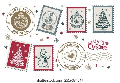 Christmas Stamps, mail, Advent calendar, postcard hand drawn illustrations.	