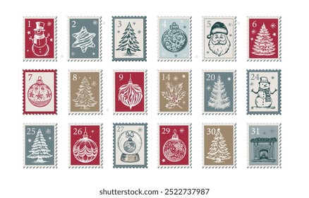 Christmas Stamps, mail, Advent calendar with tree, ball,, postcard hand drawn illustrations.	