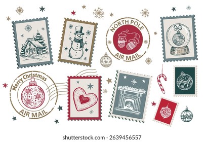 Christmas Stamps, mail, postcard hand drawn illustrations on white.	