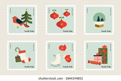 Christmas Stamps for Mailing Letters to Santa at the North Pole Featuring ice skates, snow globes, gifts, stockings, ornaments, christmas trees and birds 