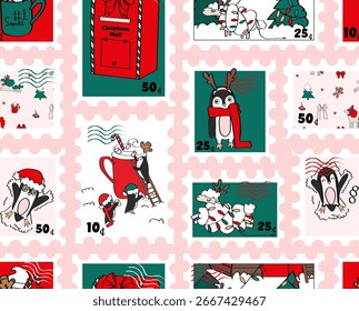 Padrão de selos de Natal sem emenda. Padrão de postagem de Natal.