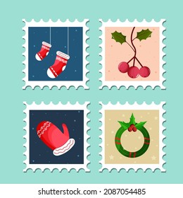 Christmas Stamps With Santa Socks, Glove, Berry And Wreath In Four Color Option.