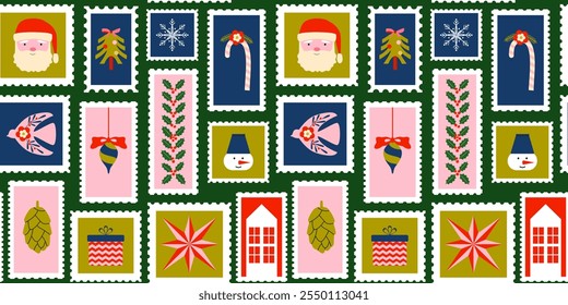 Christmas stamps seamless pattern. Holiday vibes. Geometric Christmas festive elements. New year icons, marks, badges, labels, stickers. Retro vintage background, wallpaper, wrapping paper. Vector.